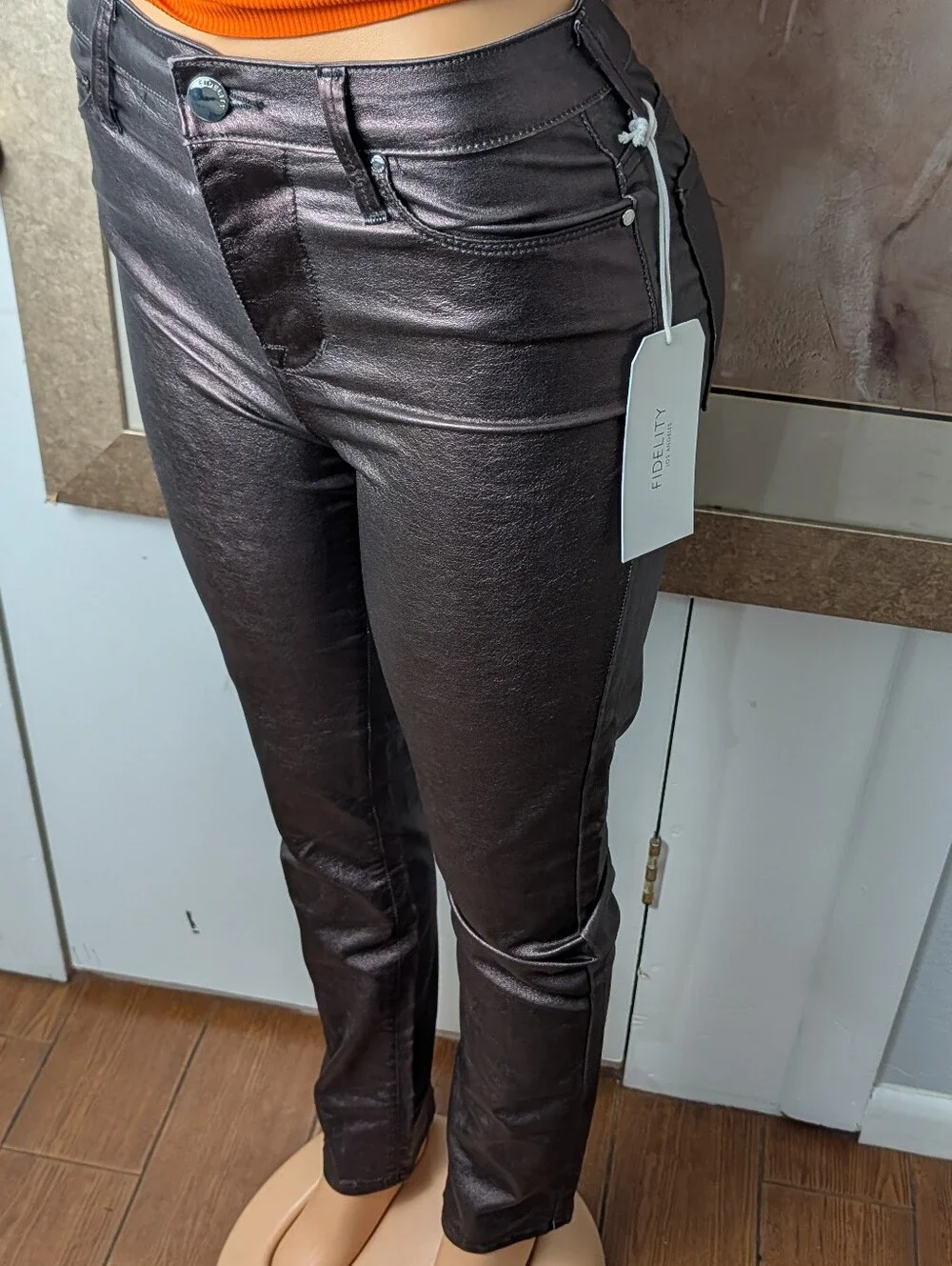 Fidelity Denim Lily High Boot Jeans Burgundy Metallic Foil-Coated Size 26